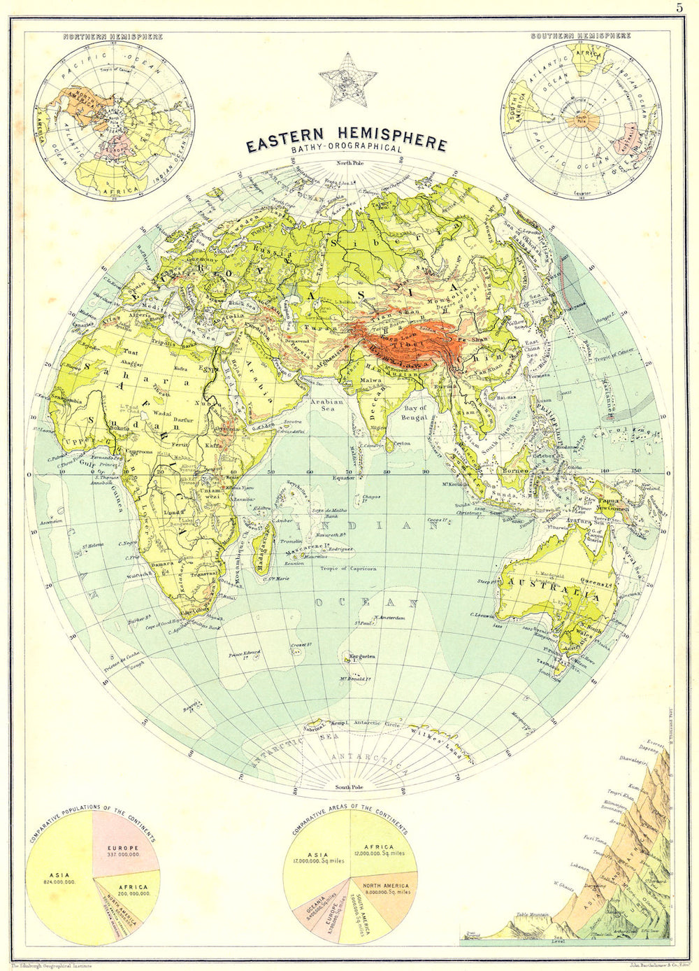 WORLD. East Hemisphere Bathy-Orographical 1900 old antique map plan chart