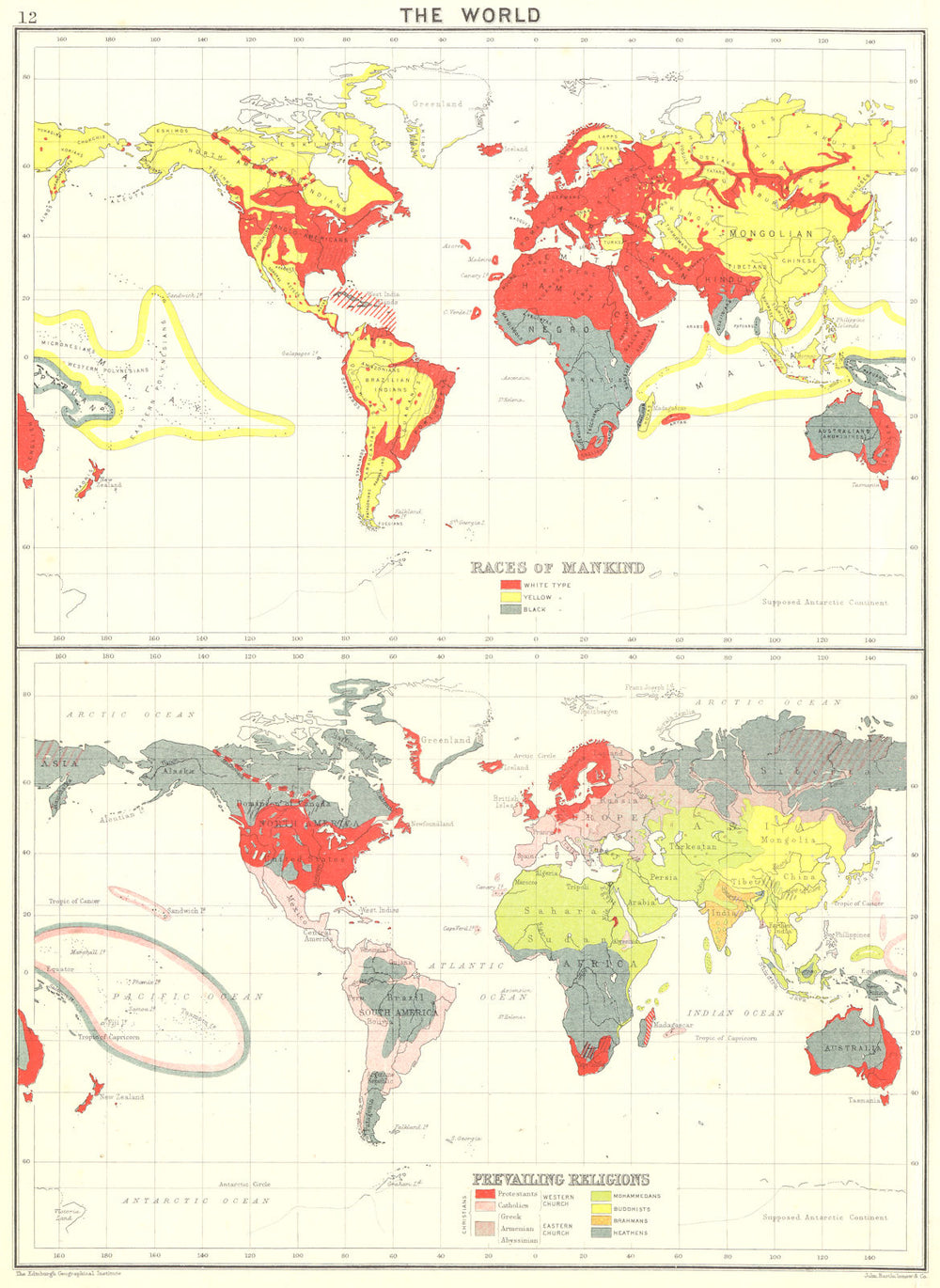 WORLD. Races of Mankind; Prevailing religions 1900 old antique map plan chart
