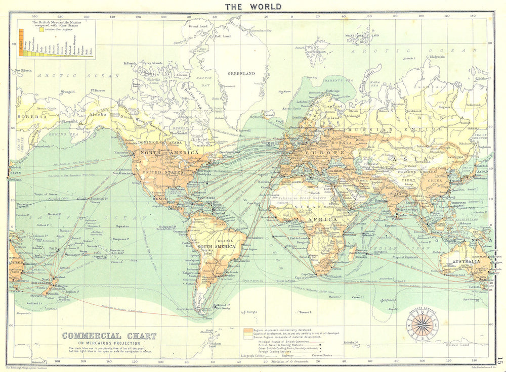 WORLD. Commercial Chart, Mercators Projection 1900 old antique map plan