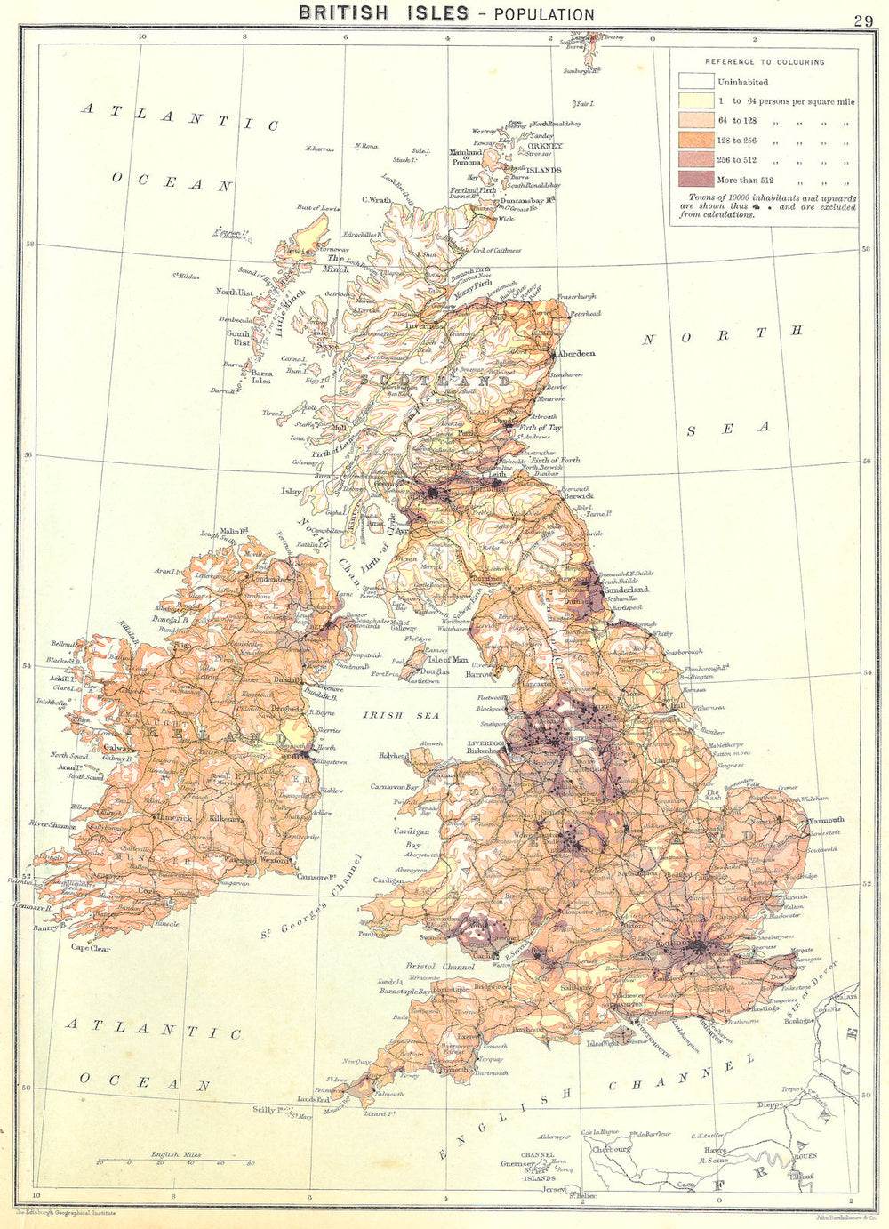 BRITISH ISLES. Population 1900 old antique vintage map plan chart