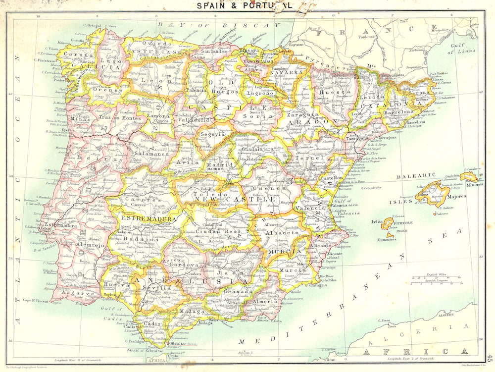 SPAIN. & Portugal 1900 old antique vintage map plan chart
