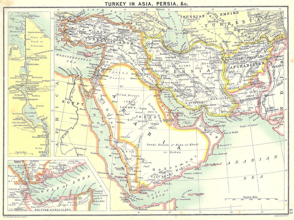 TURKEY. Asia, Iran; Gulf Aden; Suez port Said 1900 old antique map plan chart