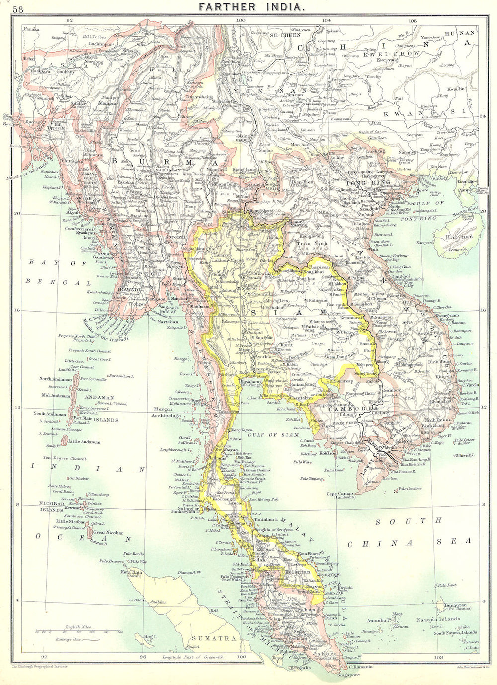 INDOCHINA. Malaysia, Thailand, Vietnam, Cambodia 1900 old antique map chart