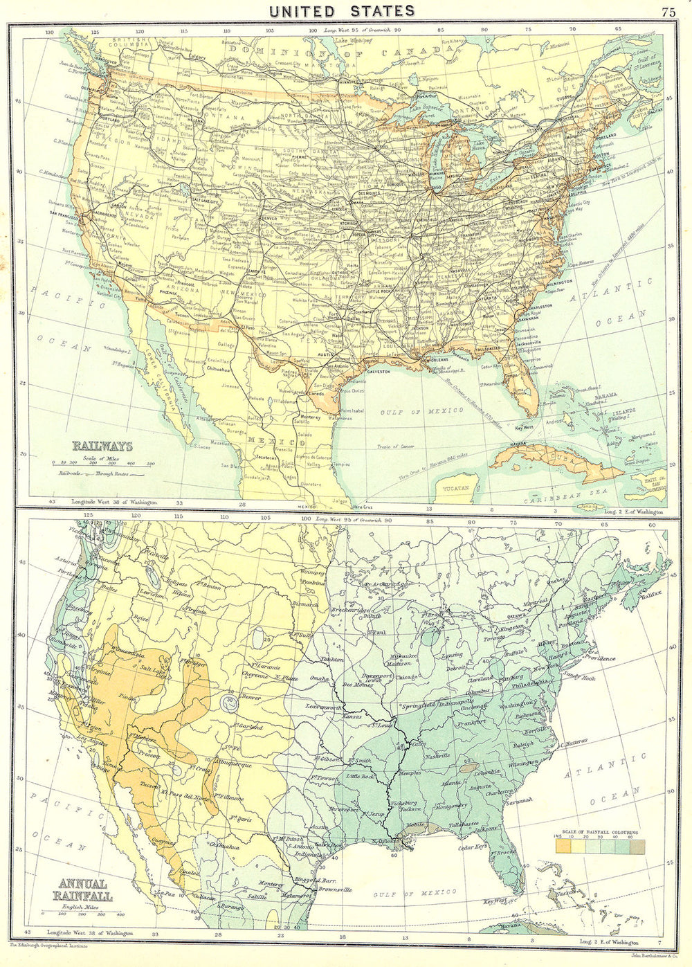 USA. US. Railways; Annual Rainfall 1900 old antique vintage map plan chart