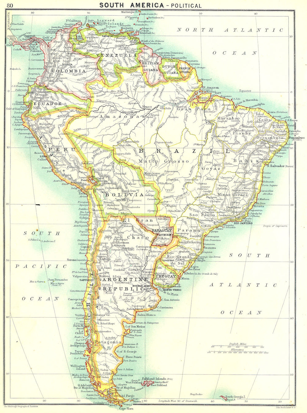 SOUTH AMERICA. Political 1900 old antique vintage map plan chart