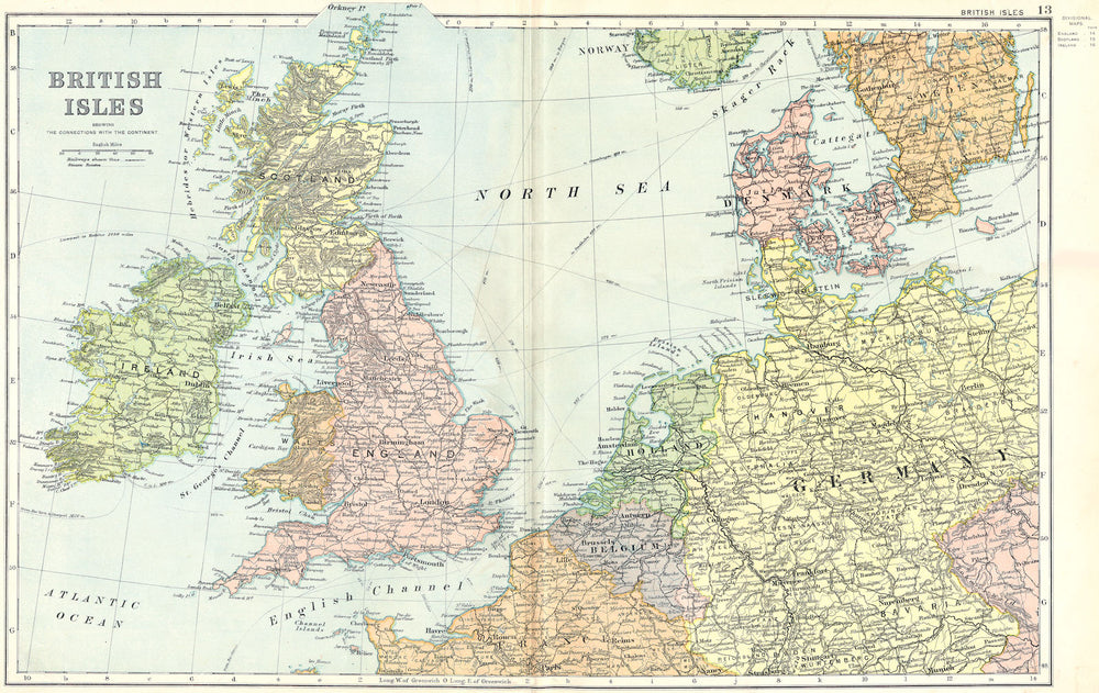 British Isles; Germany Belgium Netherlands 1905 old antique map plan chart