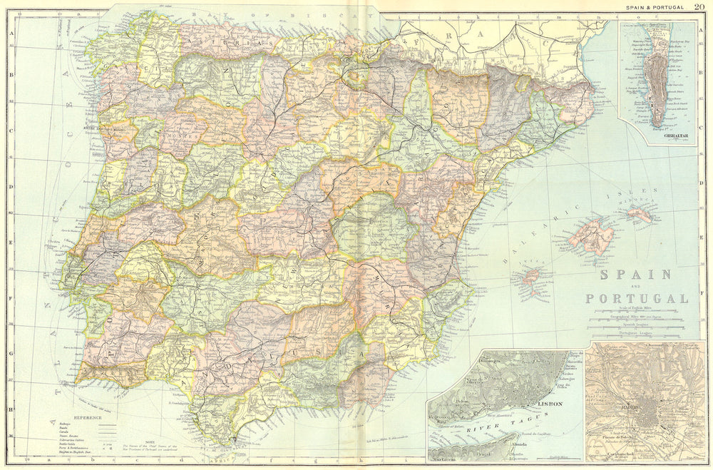 SPAIN. & Portugal; Lisbon; Madrid; Gibraltar 1905 old antique map plan chart