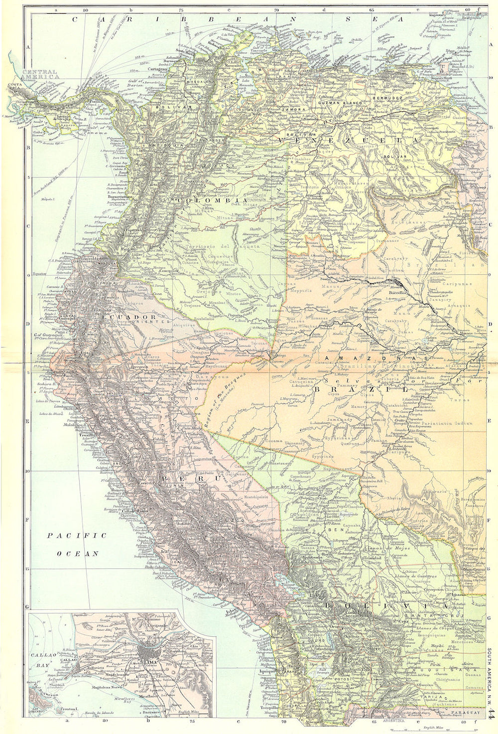 PERU. Panama; Colombia; Venezuela; Lima; Amazonas 1905 old antique map chart