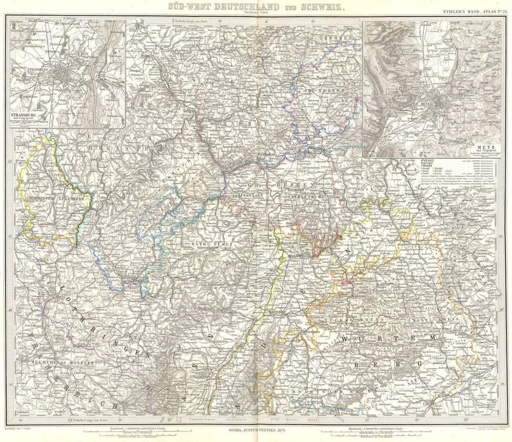 GERMANY. Deutschland Schweiz; Strasbourg; Metz 1879 old antique map plan chart