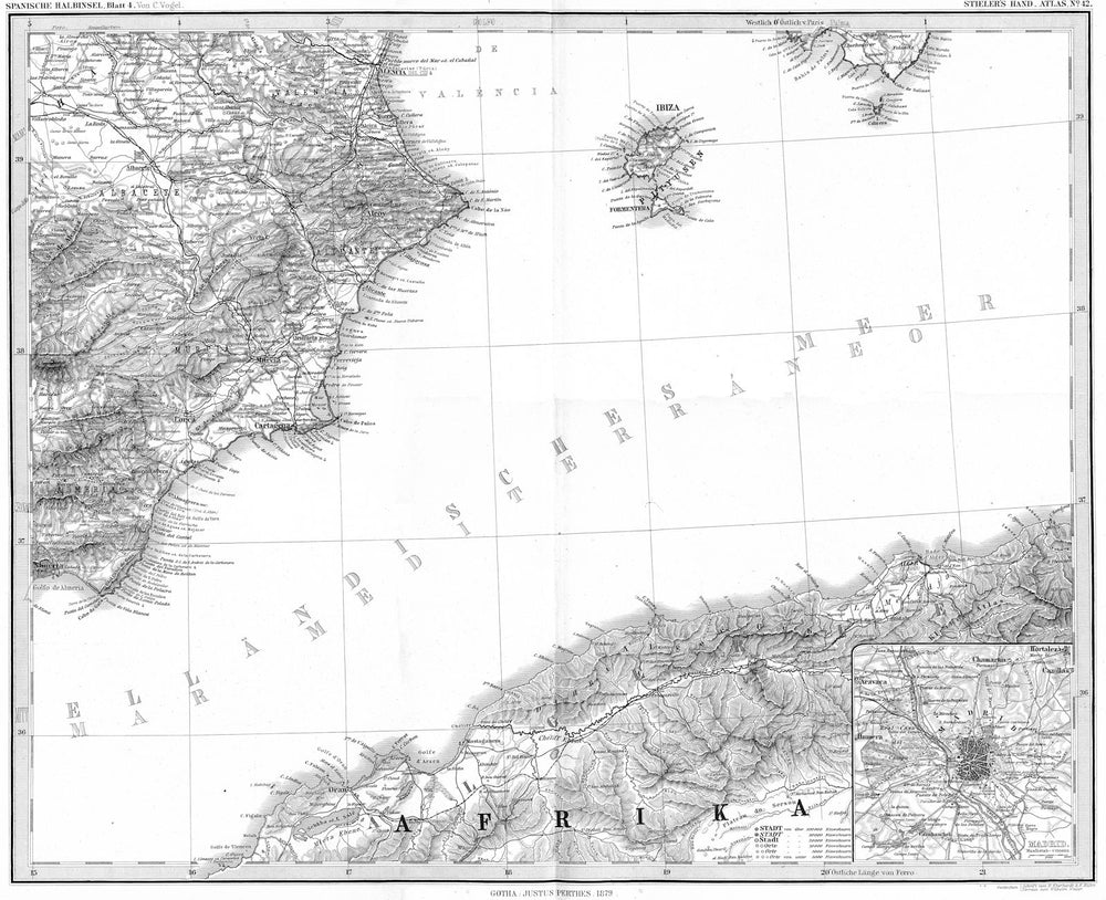 SPAIN. Spanische Halbinsel; Madrid Ibiza Algeria 1879 old antique map chart