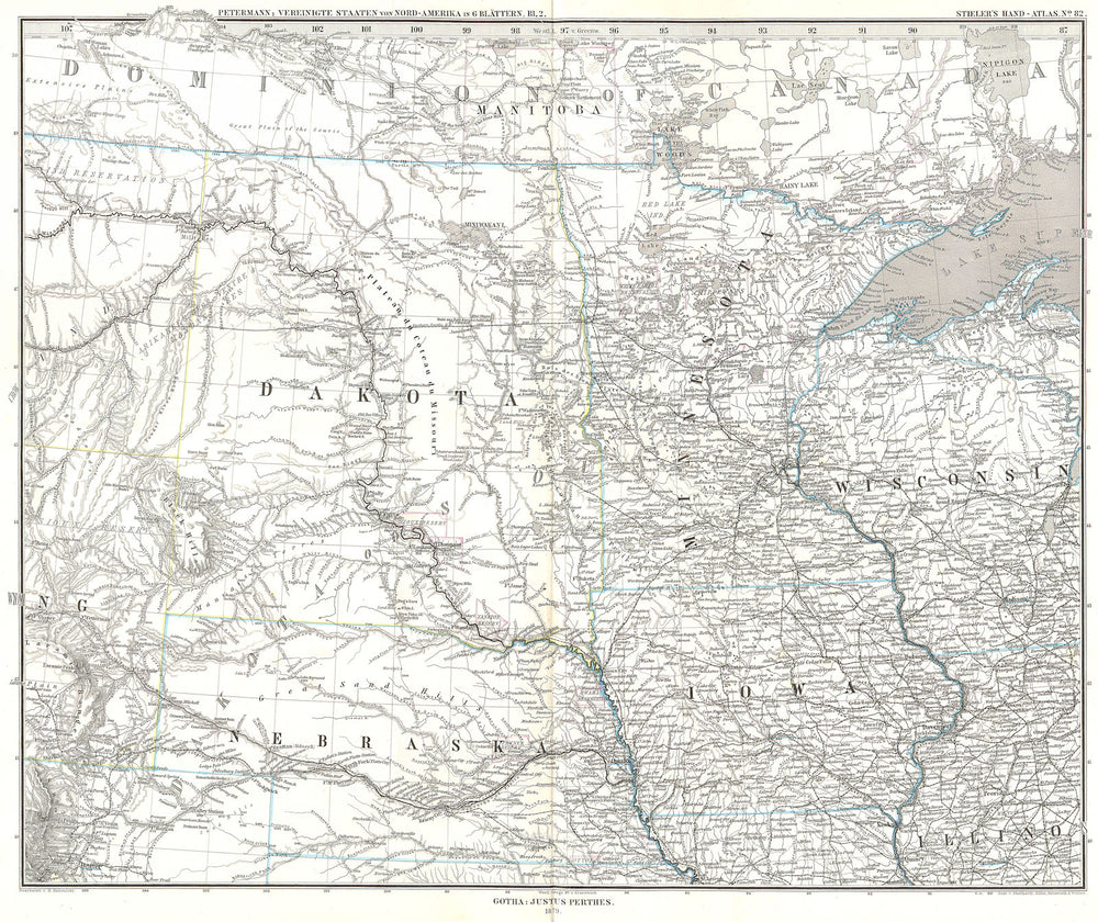 USA. Dakota Nebraska Wisconsin Iowa Minnesota 1879 old antique map plan chart