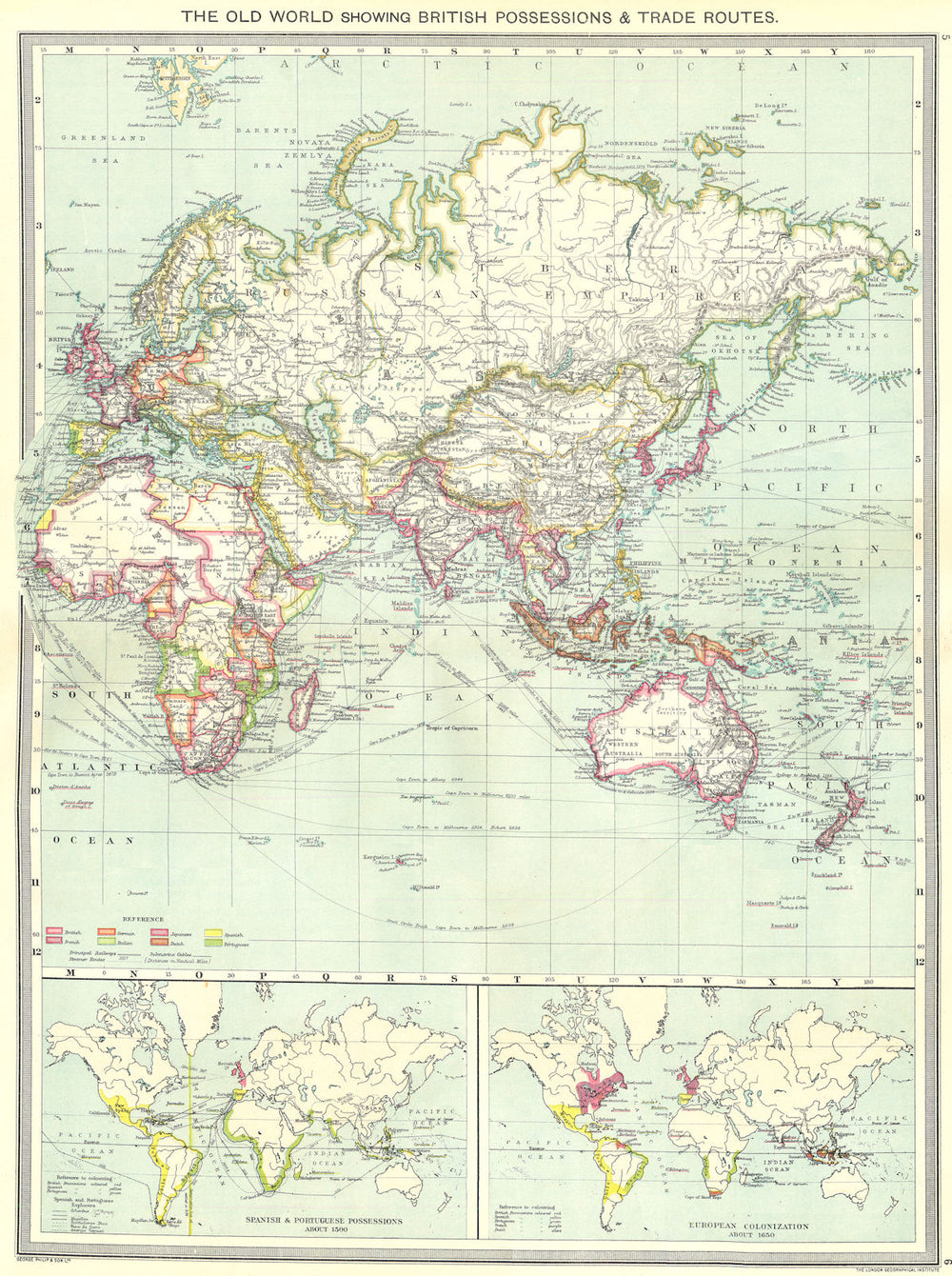 OLD WORLD. British Spanish Portuguese empires trade routes 1500 1650 1907 map