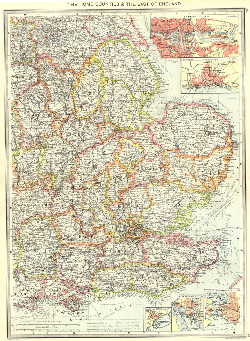 ENGLAND EAST. London Docks; Hull; Dover; Southampton; Portsmouth 1907 old map