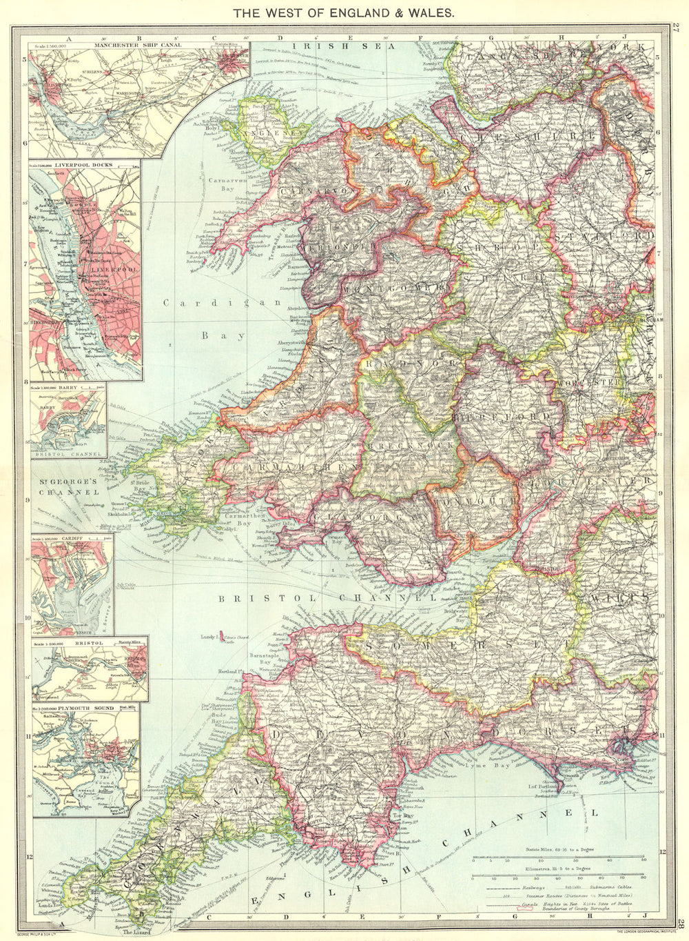 UK. Manchester Ship Canal Liverpool Barry Cardiff Bristol Plymouth 1907 map