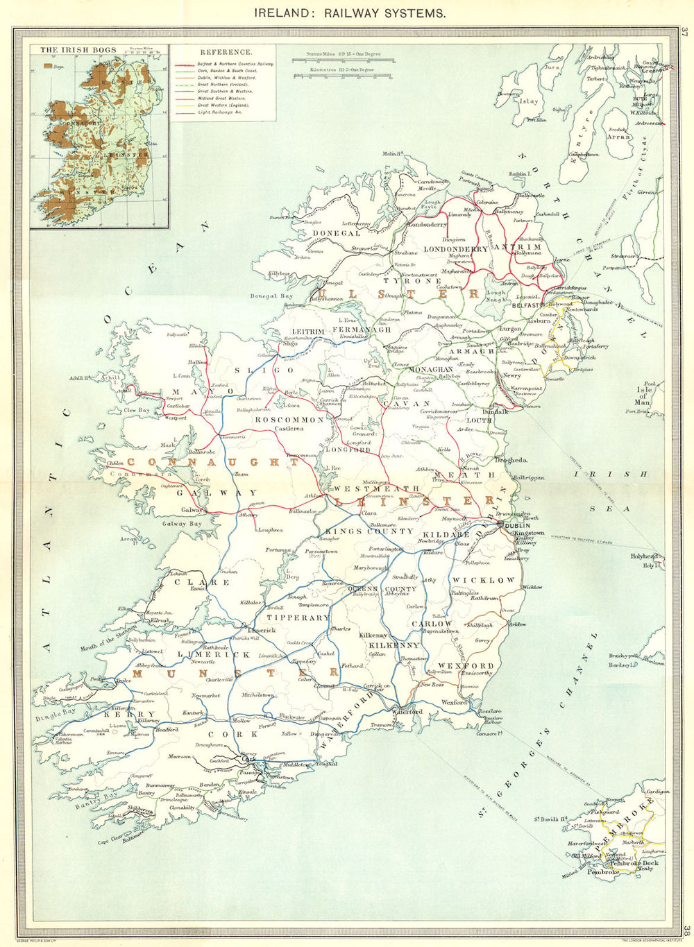 IRELAND. Railway Systems; Irish bogs 1907 old antique vintage map plan chart