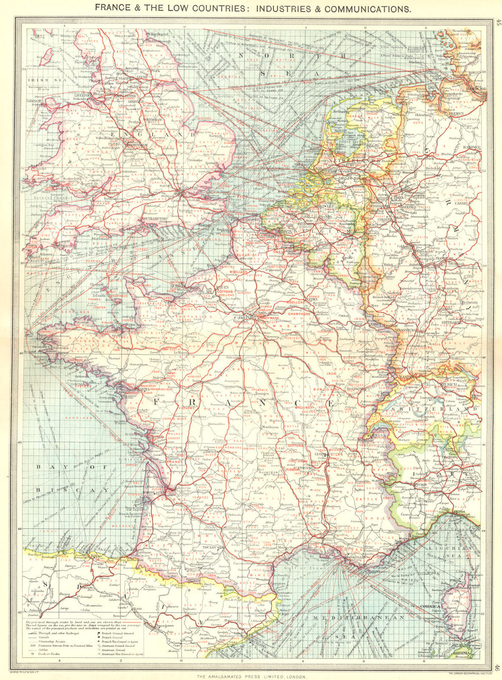 FRANCE. & low countries. Industries & communications 1907 old antique map