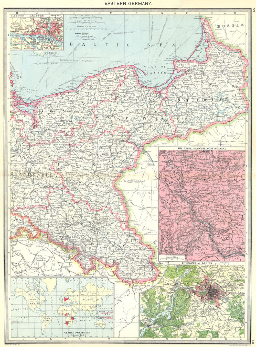 EASTERN GERMANY. Hamburg; The Rhine; Berlin; colonies 1907 old antique map