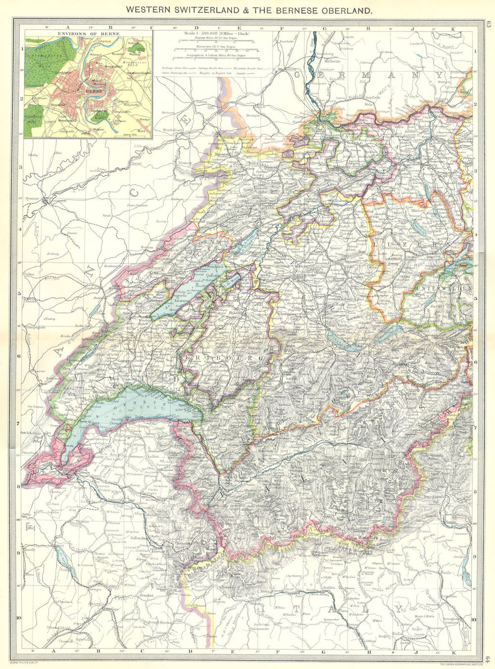 SWITZERLAND. Western & Bernese Oberland; area of Berne 1907 old antique map