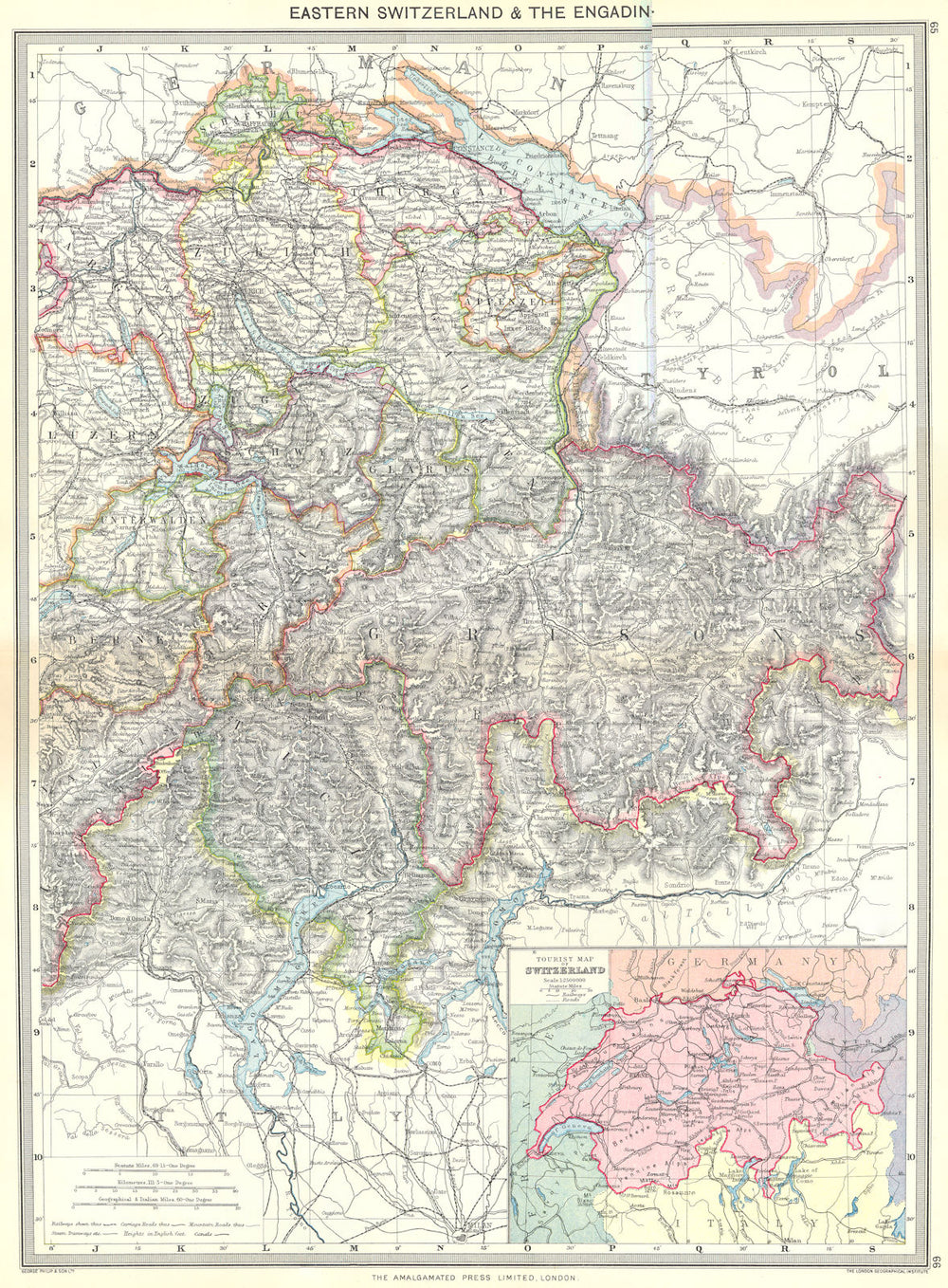 SWITZERLAND. Eastern & Engadin; map of Tourist 1907 old antique plan chart