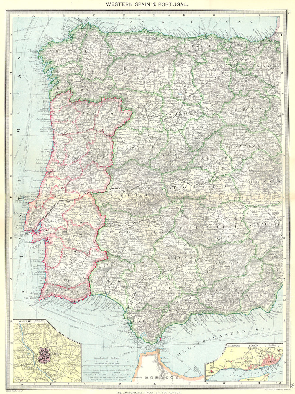 SPAIN. Western & Portugal; map of Madrid; Lisbon 1907 old antique chart