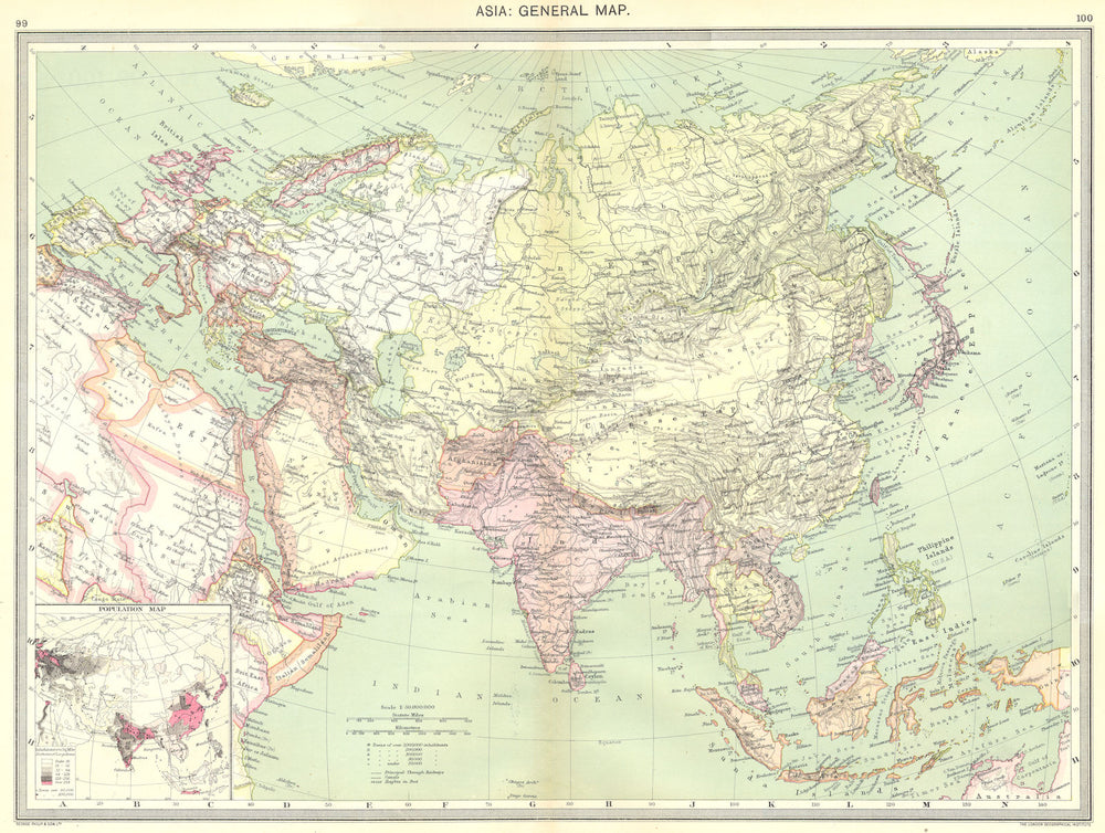 ASIA. Asia. General Map; Inset map of Population map 1907 old antique