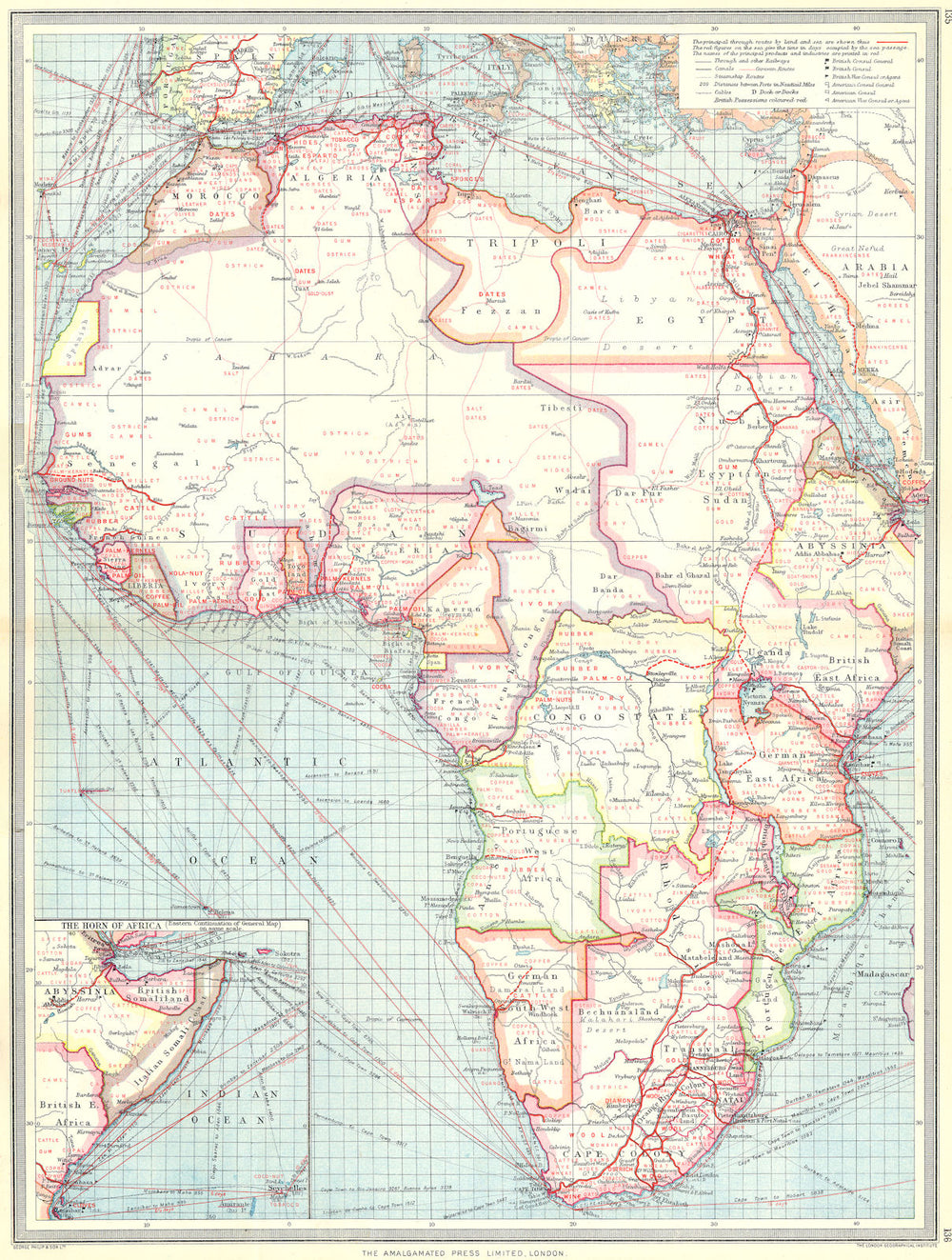 AFRICA. Industries & Communications; Horn of 1907 old antique map plan chart