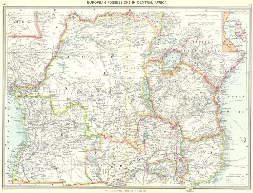 AFRICA. European Possessions in Central; map of Zanzibar 1907 old antique