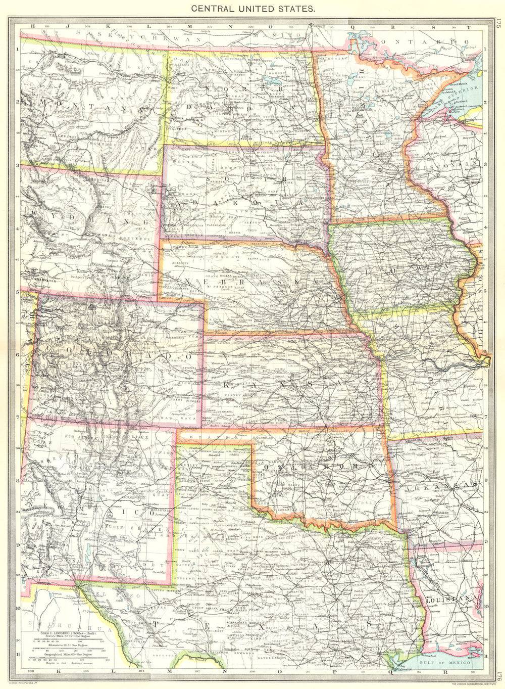 USA. Central United States 1907 old antique vintage map plan chart