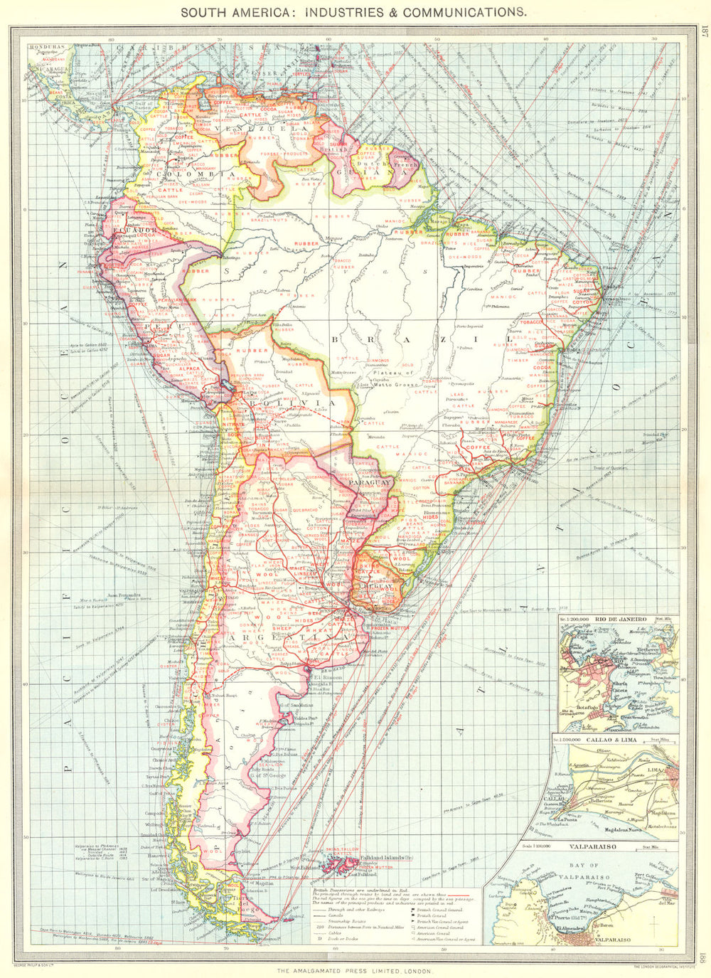 SOUTH AMERICA. Communications; Rio de Janeiro Callao Lima Valparaiso 1907 map