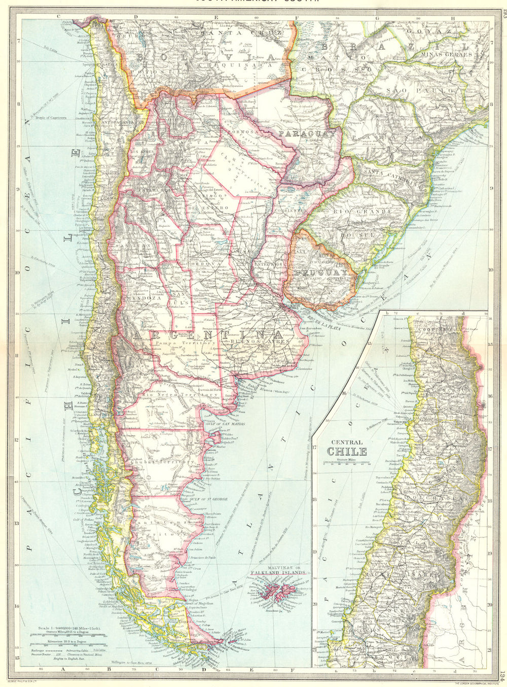 SOUTH AMERICA, SOUTH. Argentina Chile 1907 old antique vintage map plan chart