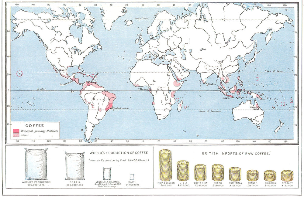 WORLD. Commodities - Production & sources of Coffee 1907 old antique map chart