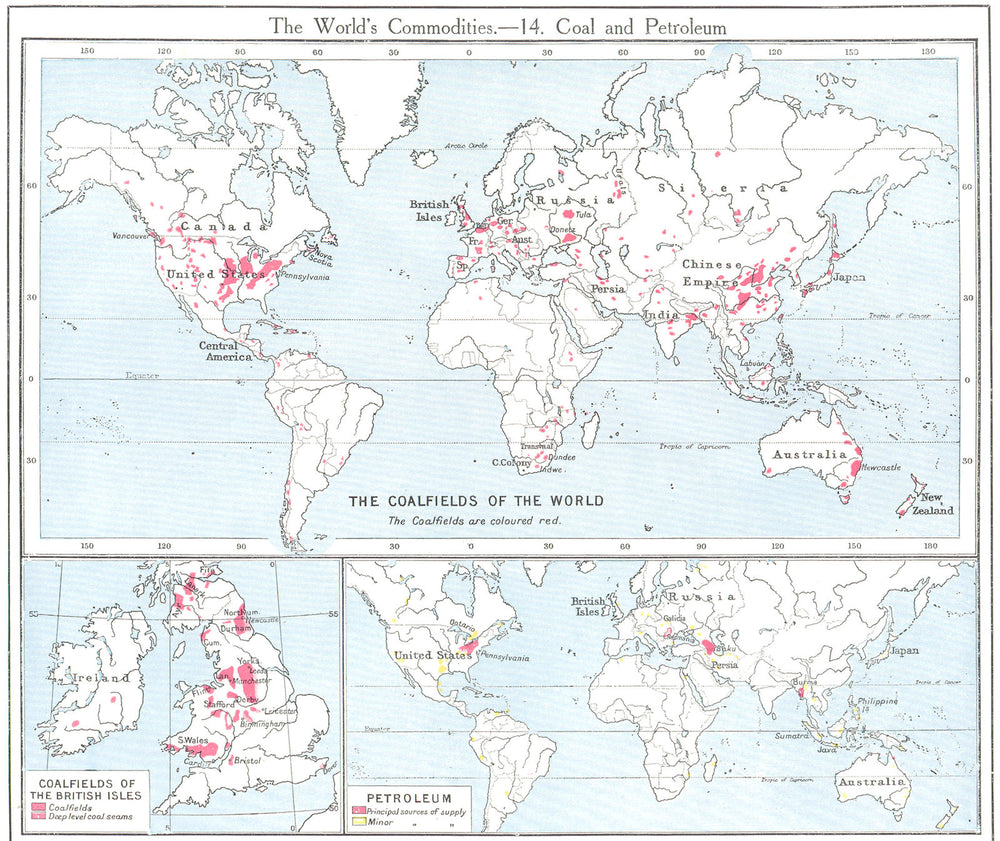 WORLD. Commodities - Coalfields & petroleum sources. British Isles 1907 map