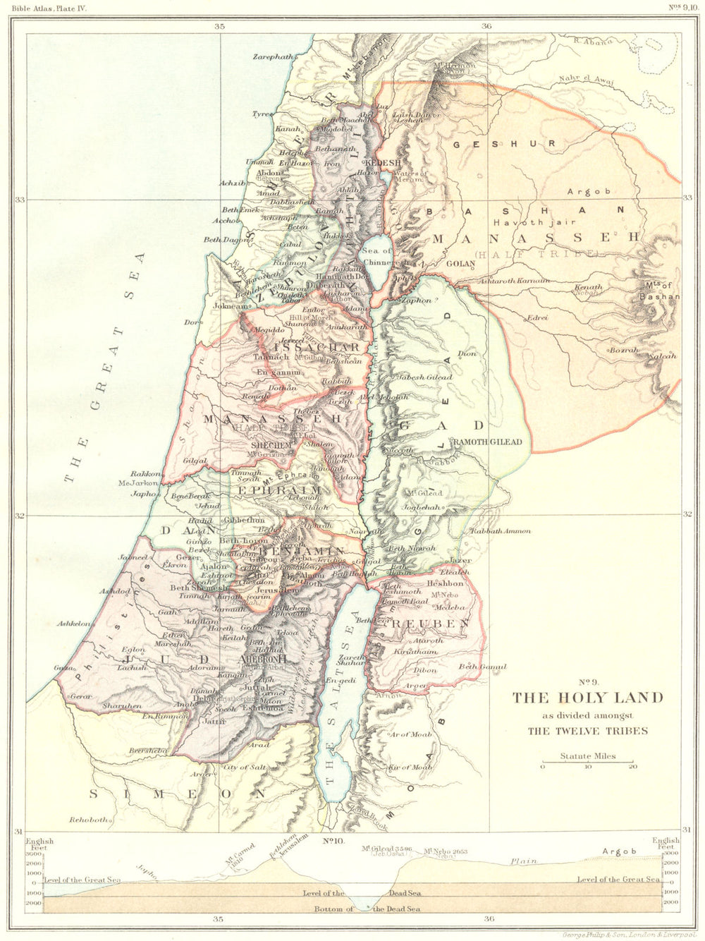 ISRAEL. Holy Land divided amongst 12 tribes; east to west section 1900 old map