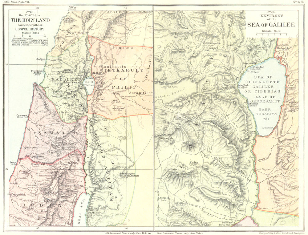 HOLY LAND. Places, connected with Gospel History; area of Sea Galilee 1900 map
