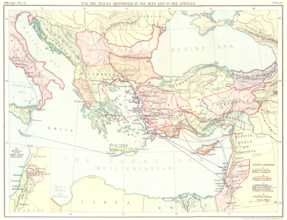 ST PAUL'S JOURNEYS. Places named Acts Epistles; Holy Land post AD 52 1900 map