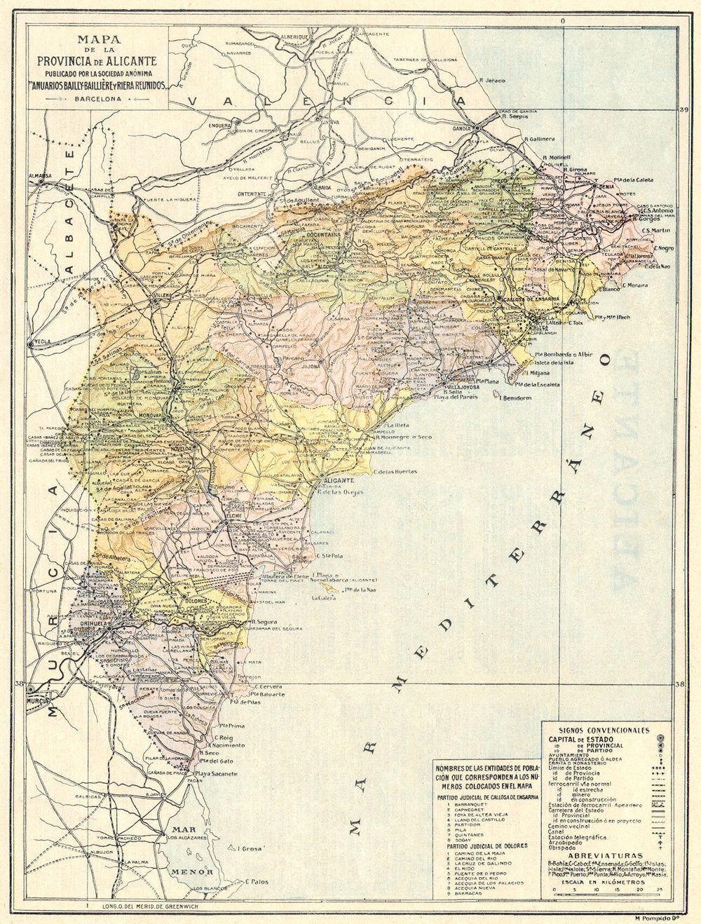 SPAIN. Mapa de la Provincia de Alicante 1913 old antique plan chart