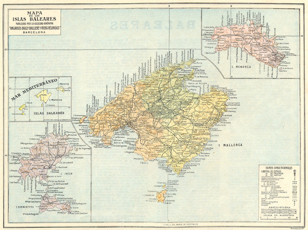 SPAIN. Mapa de las Baleares(Balearics) 1913 old antique vintage plan chart