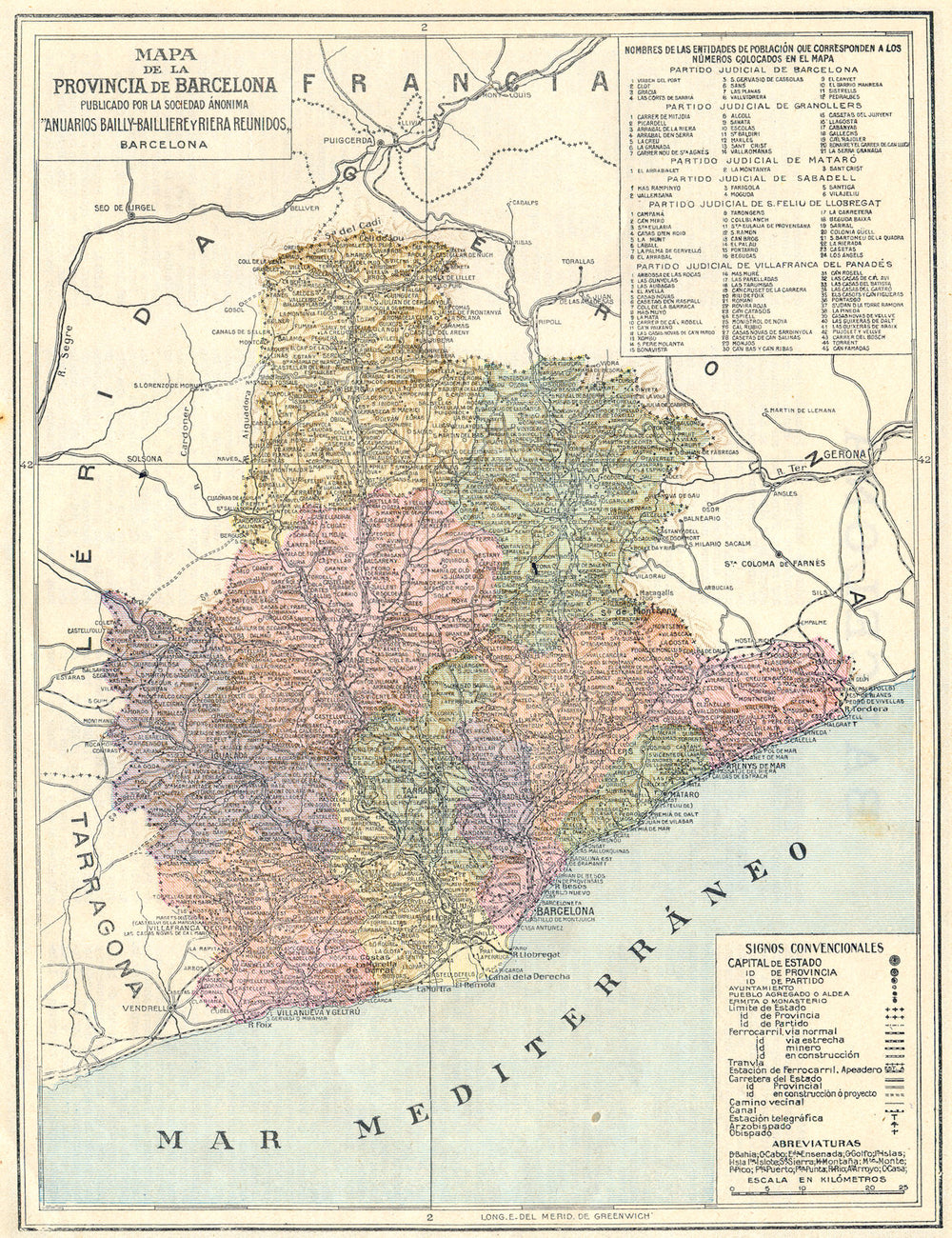 SPAIN. Mapa de la Provincia de Barcelona 1913 old antique plan chart