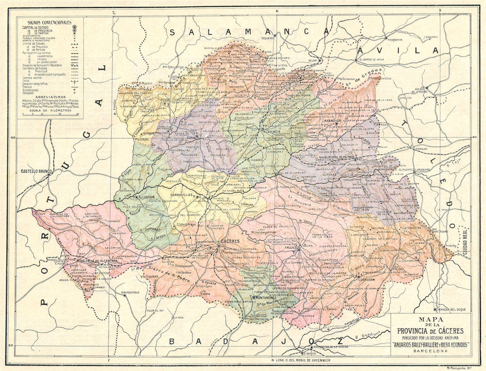 SPAIN. Mapa de la Provincia de Caceres 1913 old antique vintage plan chart