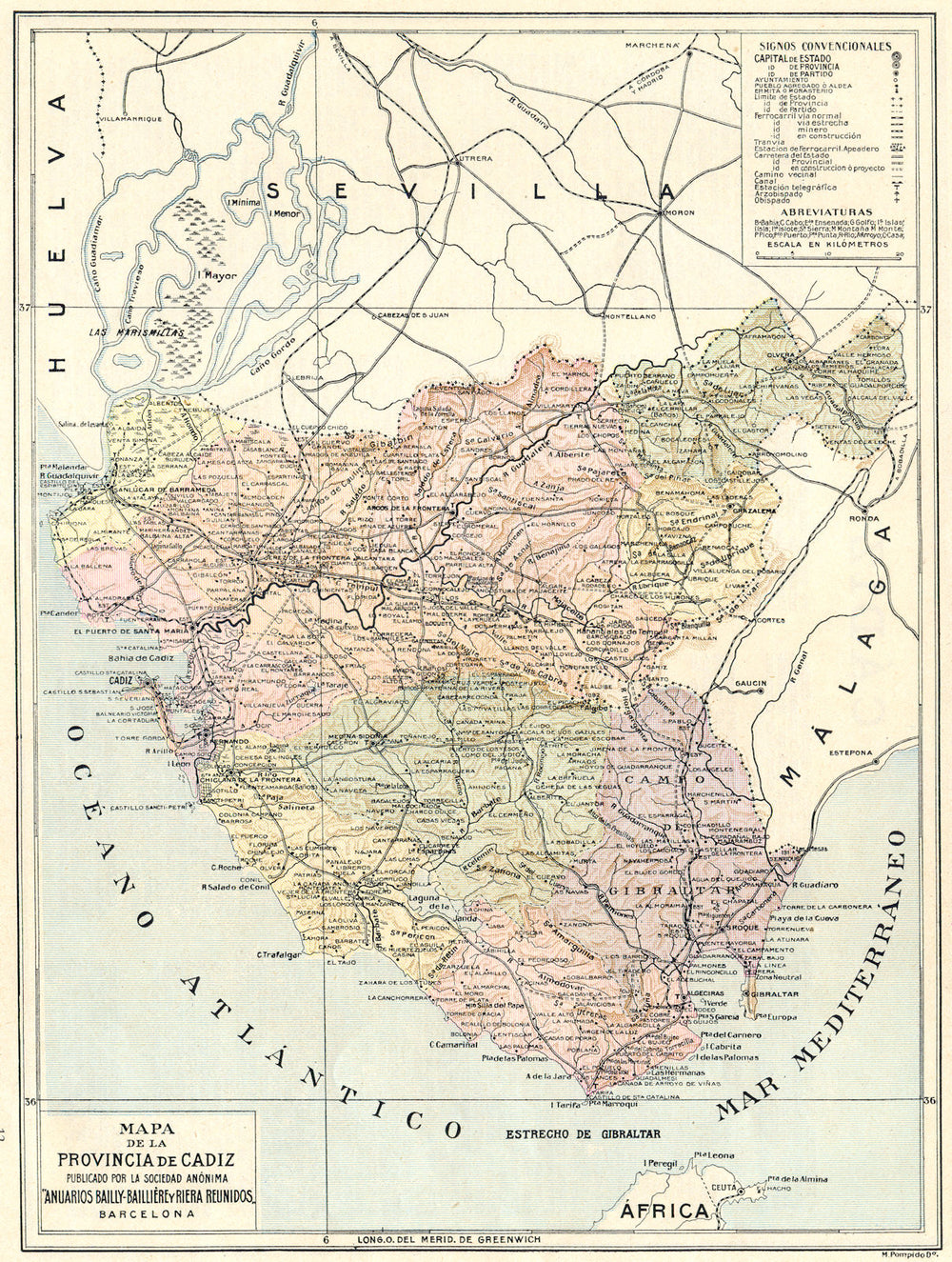 SPAIN. Mapa de la Provincia de Cadiz 1913 old antique vintage plan chart