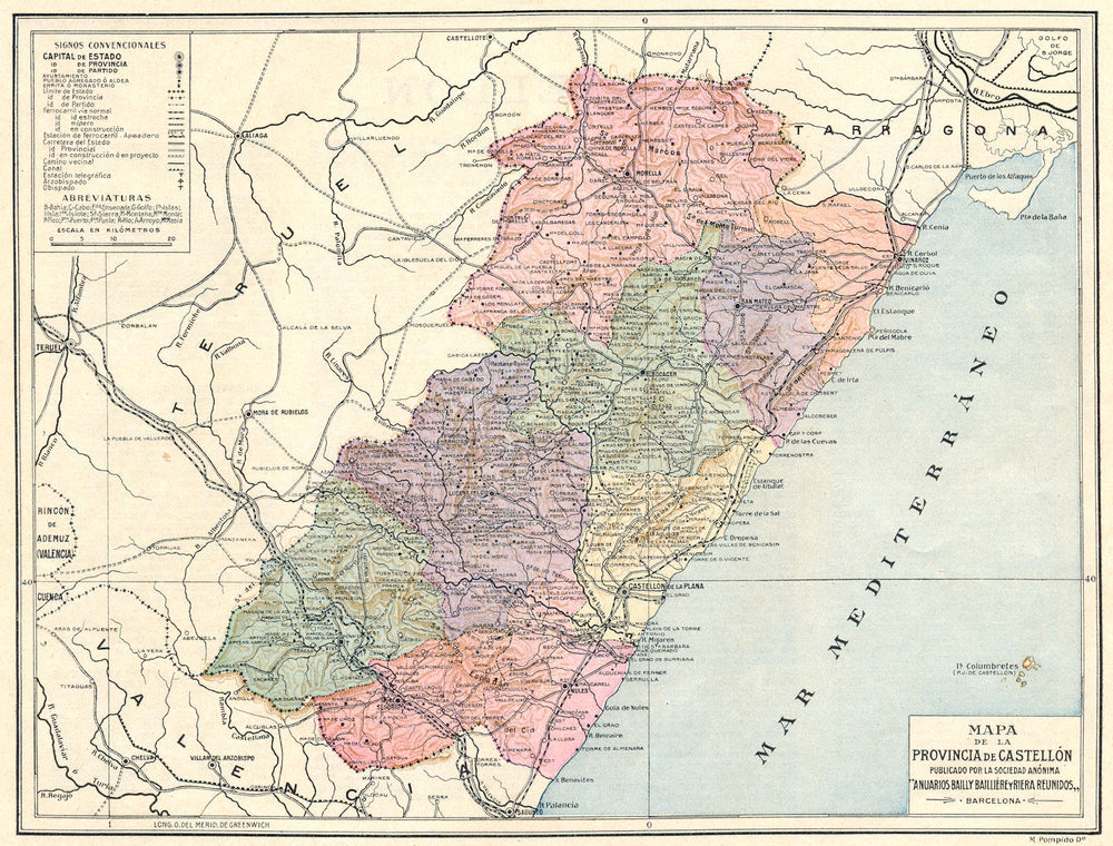 SPAIN. Mapa de la Provincia de Castellon 1913 old antique plan chart