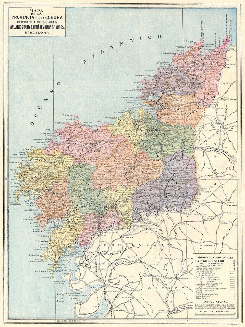 SPAIN. Mapa de la Provincia de la Coruna 1913 old antique plan chart