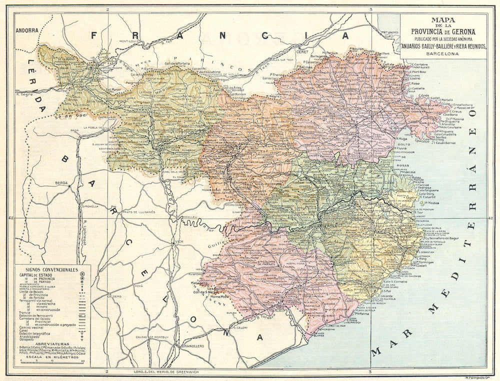SPAIN. Mapa de la Provincia de Gerona 1913 old antique vintage plan chart