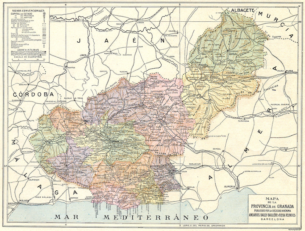 SPAIN. Mapa de la Provincia de Granada 1913 old antique vintage plan chart