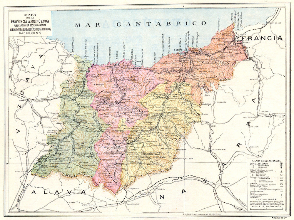 SPAIN. Mapa de la Provincia de Guipuzcoa 1913 old antique plan chart
