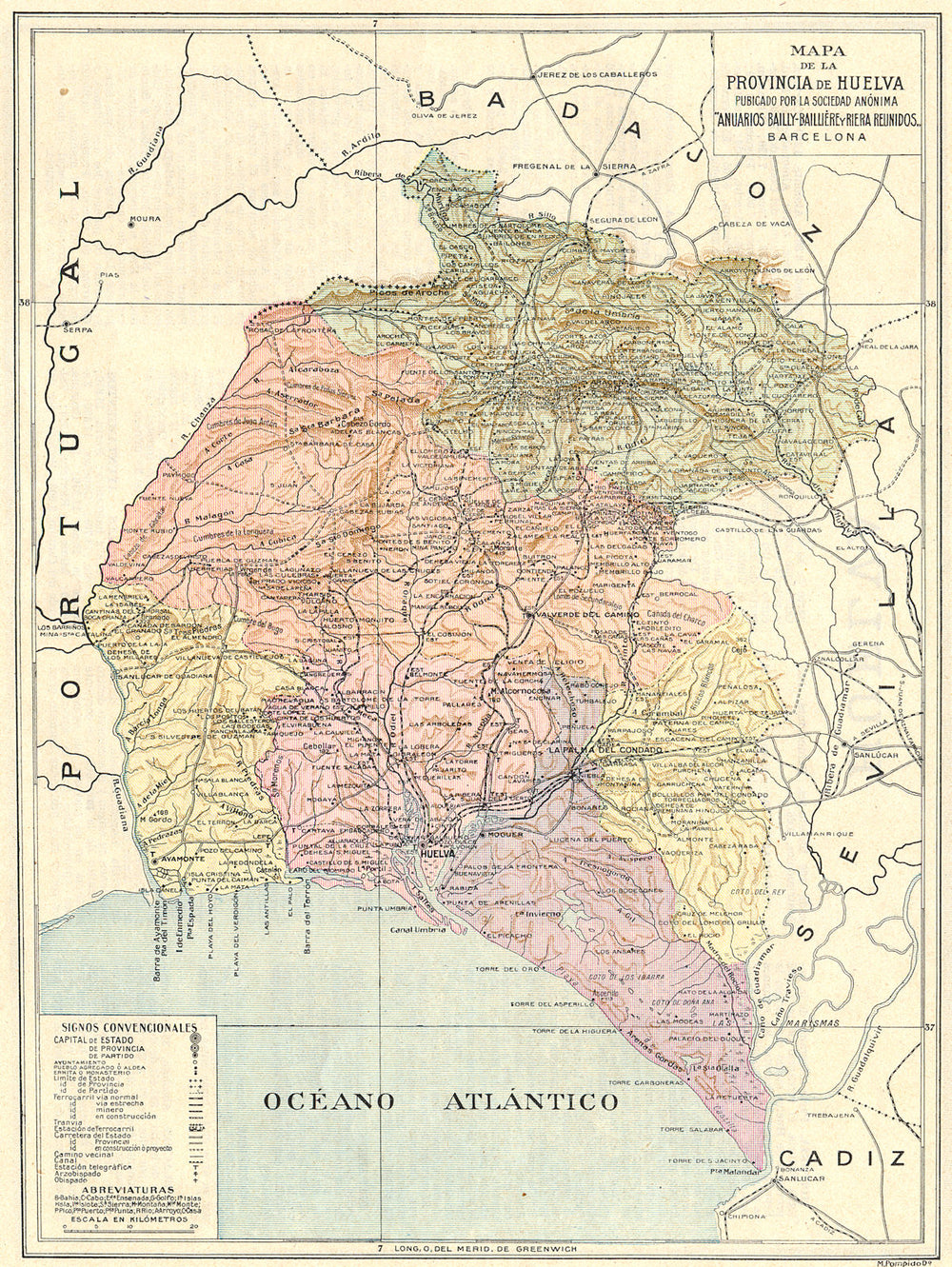 SPAIN. Mapa de la Provincia de Huelva 1913 old antique vintage plan chart