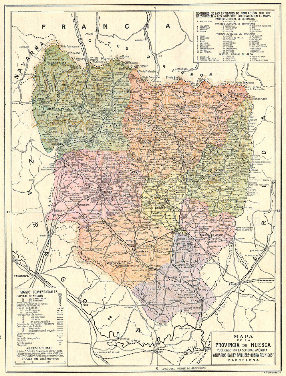 SPAIN. Mapa de la Provincia de Huesca 1913 old antique vintage plan chart