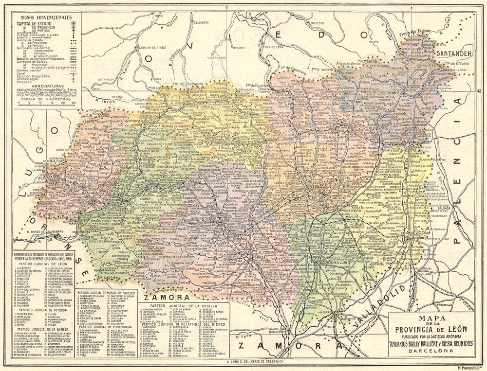 SPAIN. Mapa de la Provincia de Leon 1913 old antique vintage plan chart