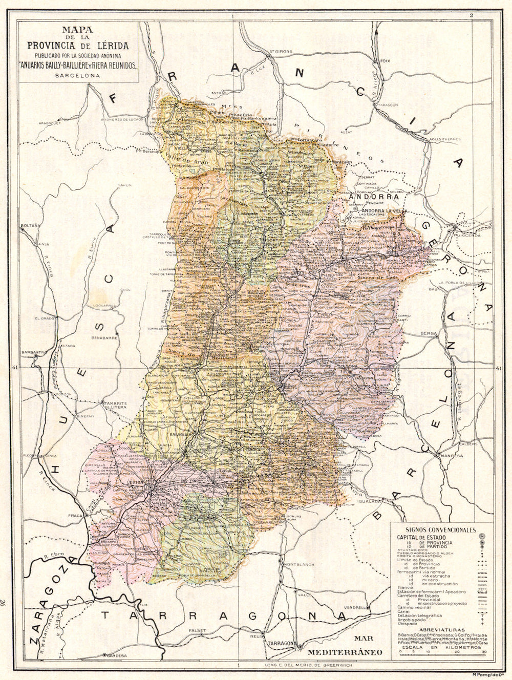 SPAIN. Mapa de la Provincia de Lerida 1913 old antique vintage plan chart