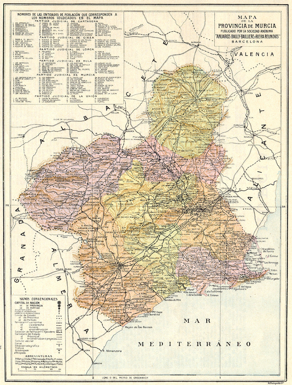 SPAIN. Mapa de la Provincia de Murcia 1913 old antique vintage plan chart